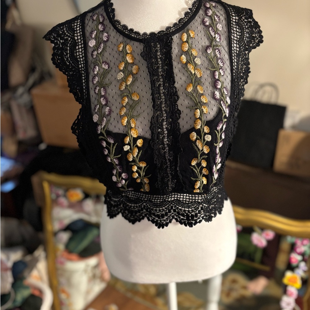Free People Black Lace Top with Gold and Purple Embroidery